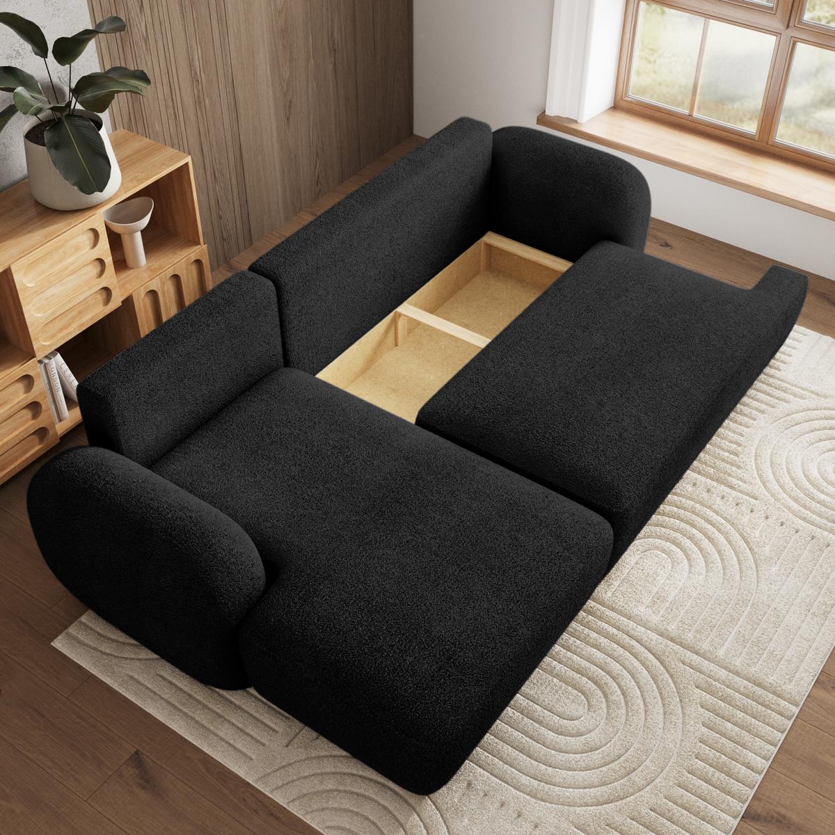 ECKSOFA MODENZA N L-S Schwarz Boucle-Stoff mit Schlaffunktion - Schwarz, Holz/Kunststoff (266/148cm) - MASSENO