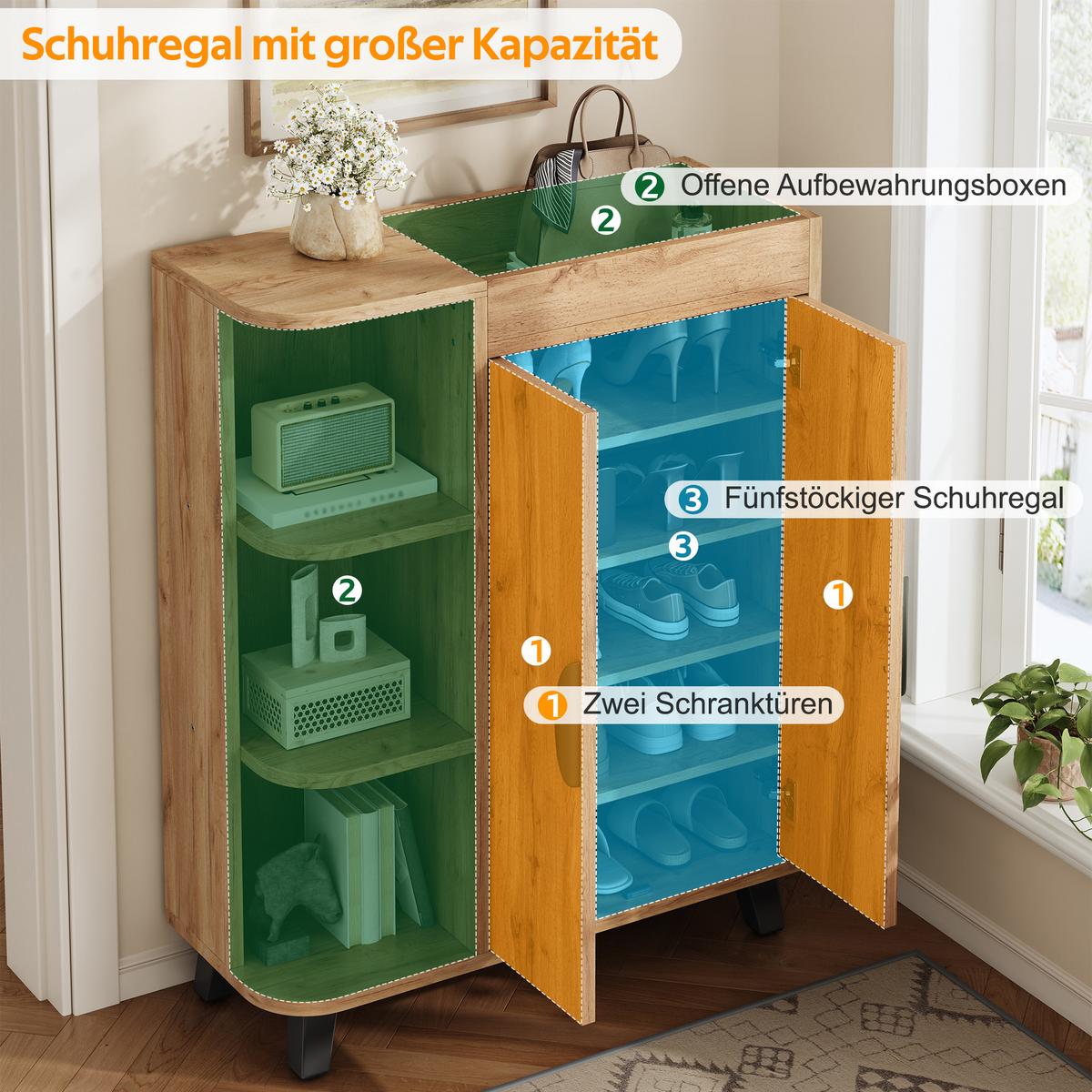 SCHUHSCHRANK in naturholz-optik, mit offenen fächern und oberer ablage - Naturfarben, Holzwerkstoff (80/99/32cm) - Urban Meuble