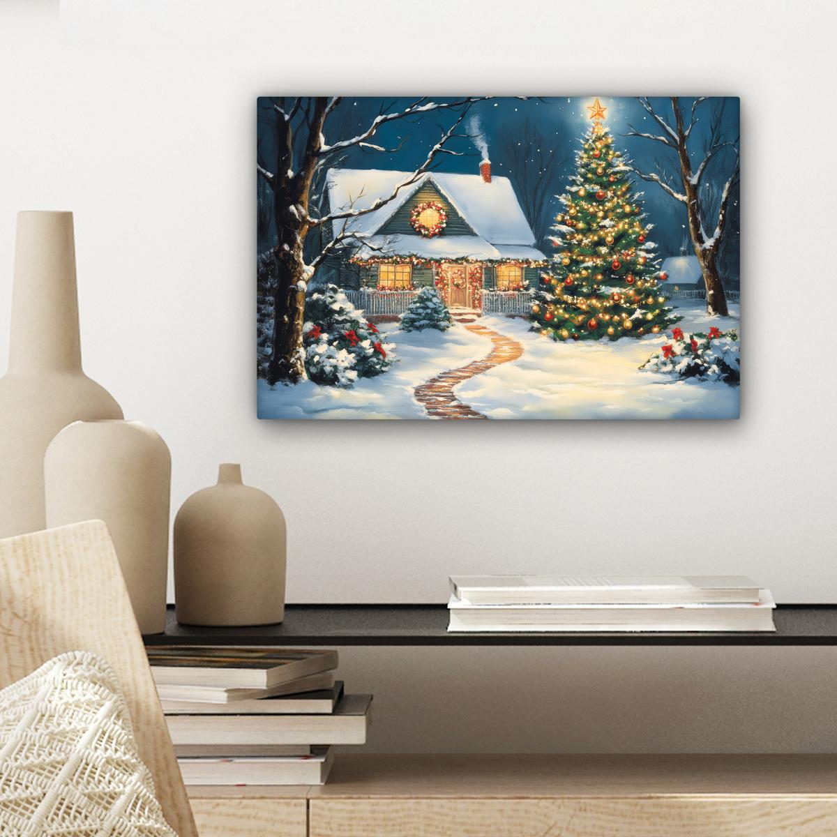 LEINWANDBILD Weihnachten - Weihnachtsbaum - Winter - Zuhause - Schnee Deko Schlafzimmer 30x20 cm - Smaragdgrün, Textil (30/20cm) - MuchoWow