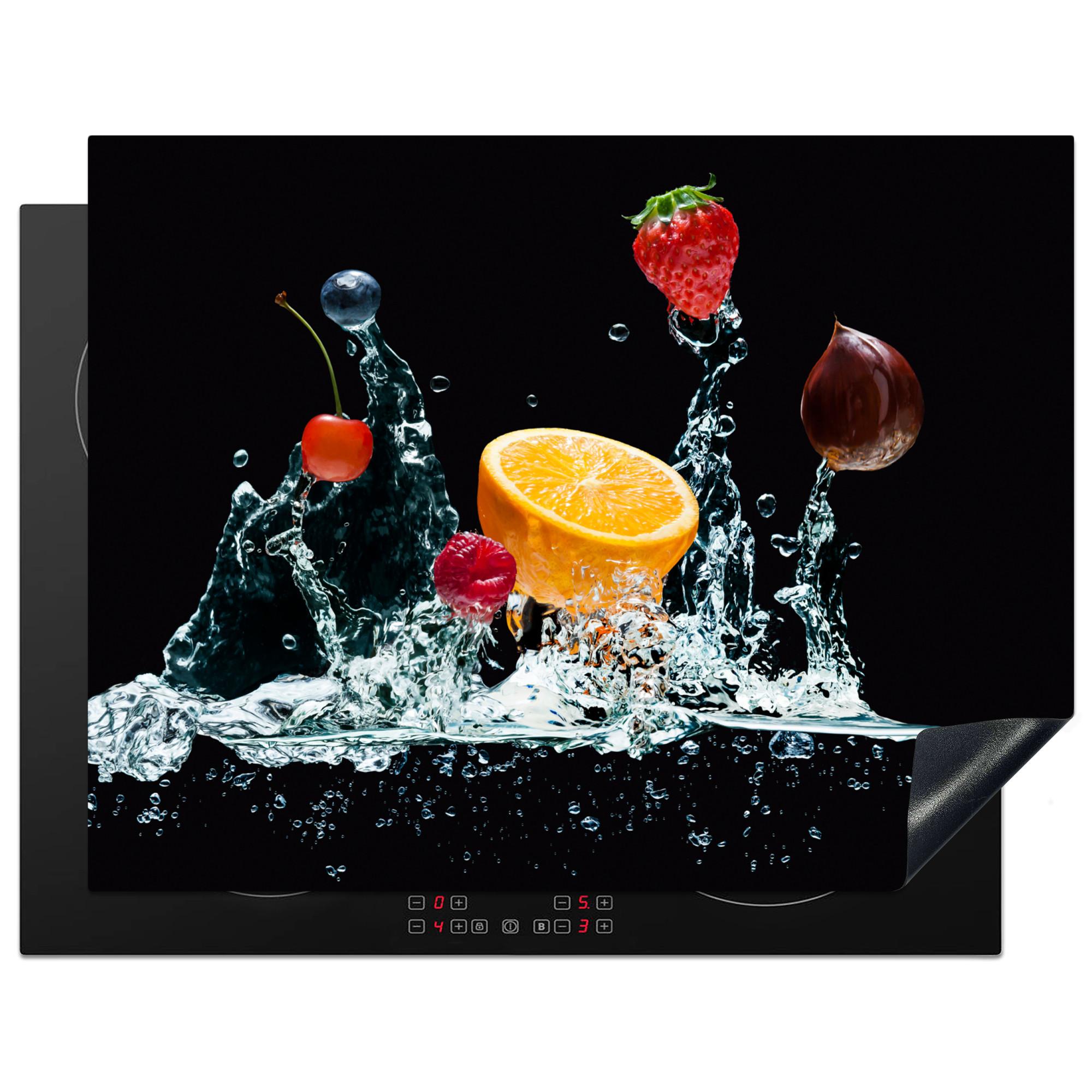 HERDABDECKPLATTE Wasser - Obst - Orange - Erdbeere - Kirsche - Schwarz Induktionsmatte 77x59 cm - Orange, Kunststoff (77/59/0.2cm) - MuchoWow