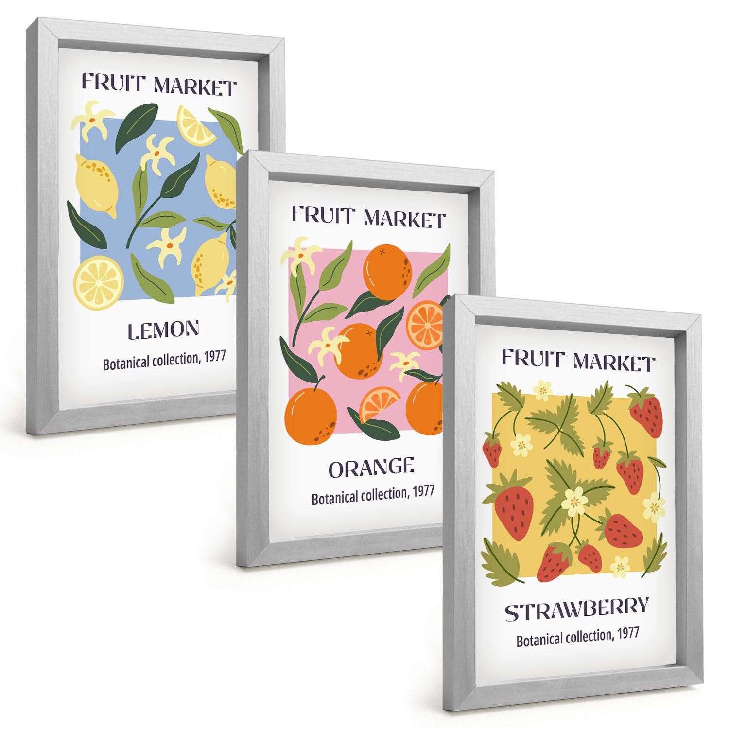 BILDER SET 3er Set - 20x30 cm Silberner Rahmen - Fruchtposter Zitronen Erdbeeren - Silberfarben, Kunststoff (20/30cm) - TULUP