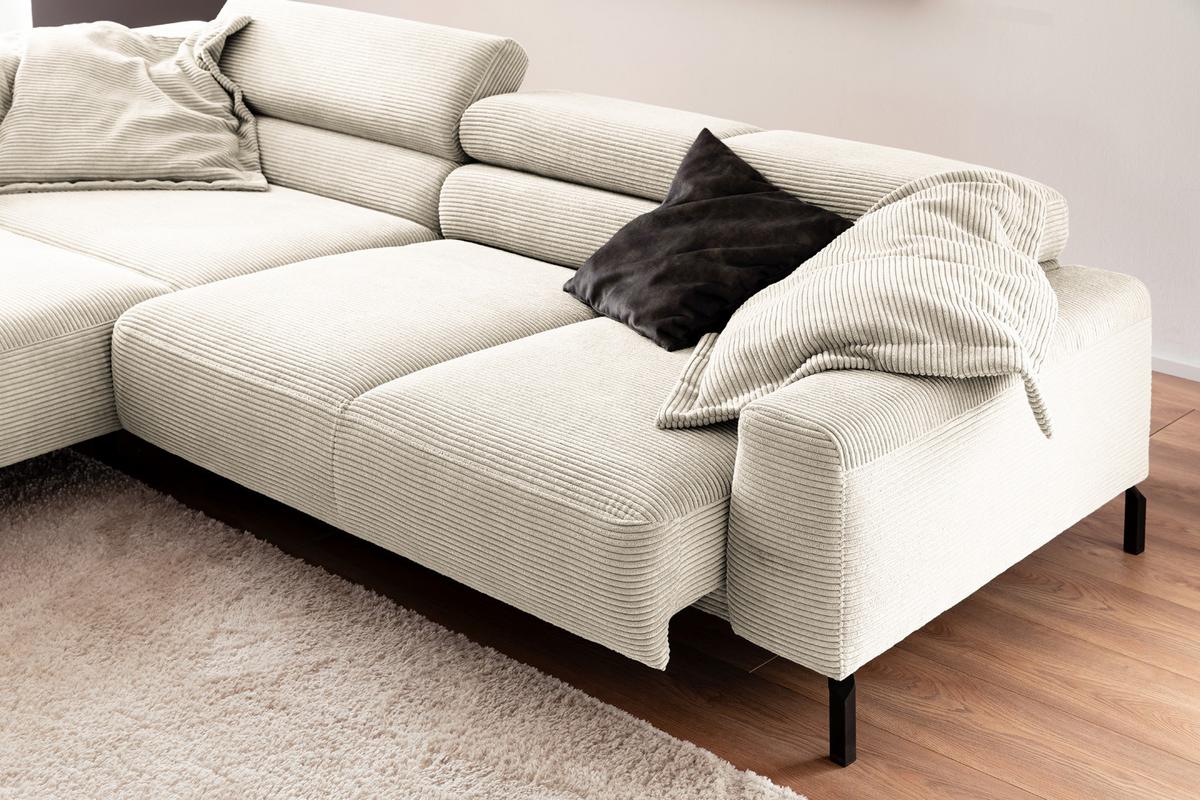 ECKSOFA DELIA Cremeweiß Cord Relaxfunktion - Creme/Schwarz, Textil/Metall (276/219cm) - KAWOLA