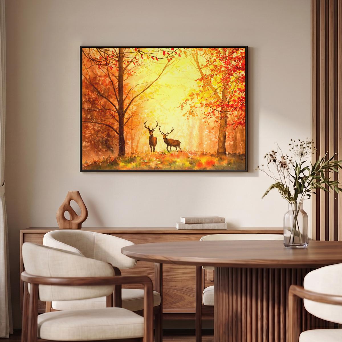 LEINWAND Bilder mit Rahmen - Natur - Ölfarbe - Hirsche - Tiere - Herbst - Orange - 100x70 - Orange, Textil (100/70cm) - MuchoWow