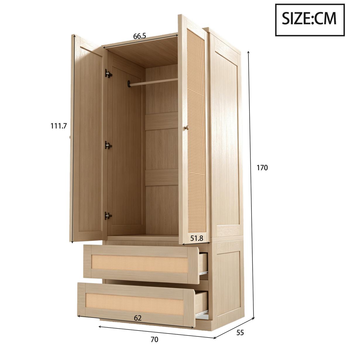 KLEIDERSCHRANK Holzfarbe Kunstrattan Doppeltüren mit 2 Schubladen - Naturfarben, Holzwerkstoff (70/170/55cm) - Urban Meuble