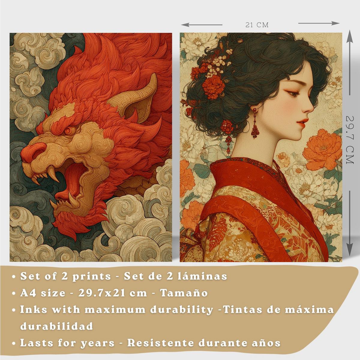 POSTER 2er-Set dekorative Badezimmer-Kunstdrucke, im japanischen Stil für Wand, Toilette mit orientalischem Drachen und Frau Leichter Holzrahmen A4 - Beige, Papier (29.7/21/3cm) - Nacnic