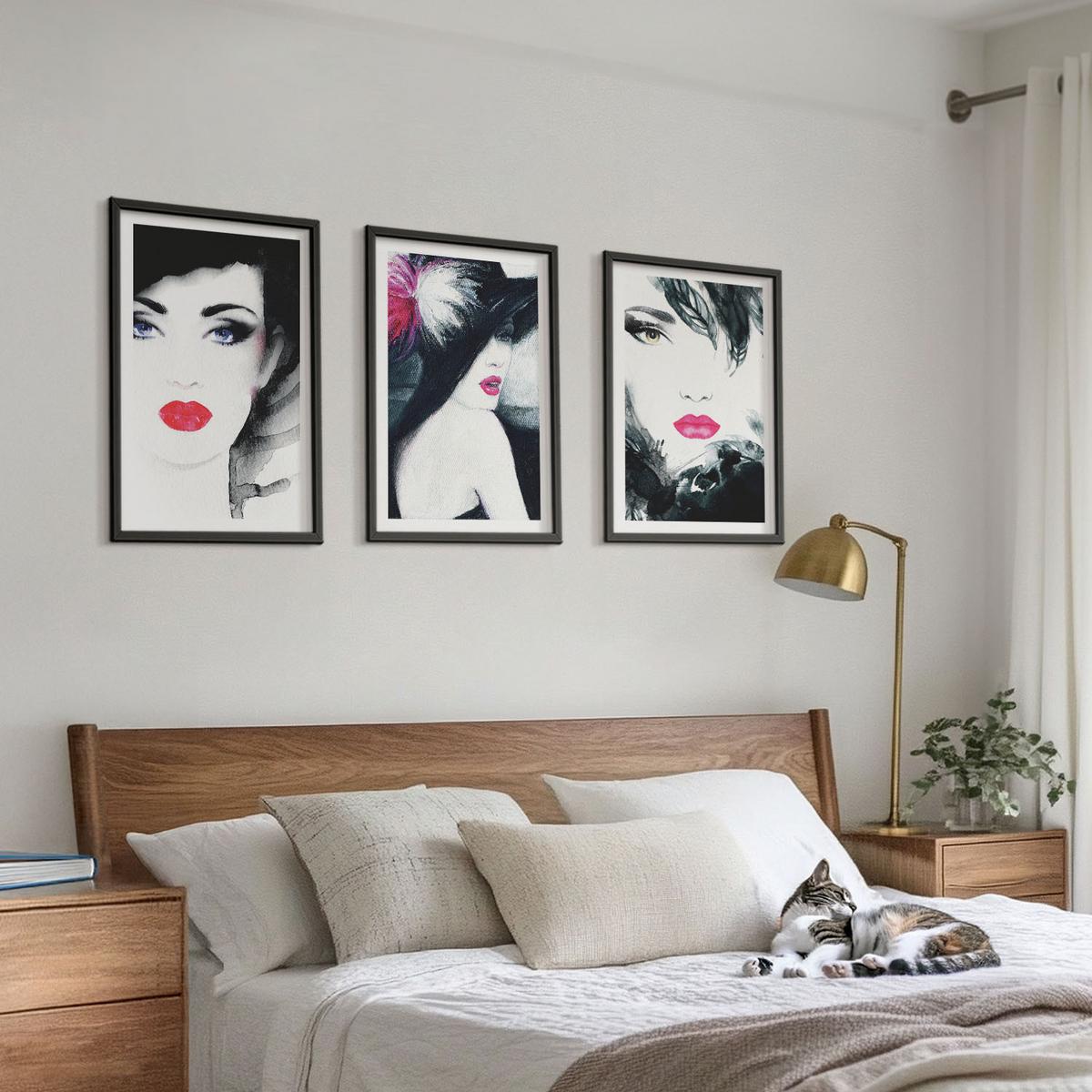 BILDER SET 3er Set - 40x60 cm Schwarzer Rahmen - Porträts von Frauen mit Lippen - Schwarz, Kunststoff (40/60cm) - TULUP