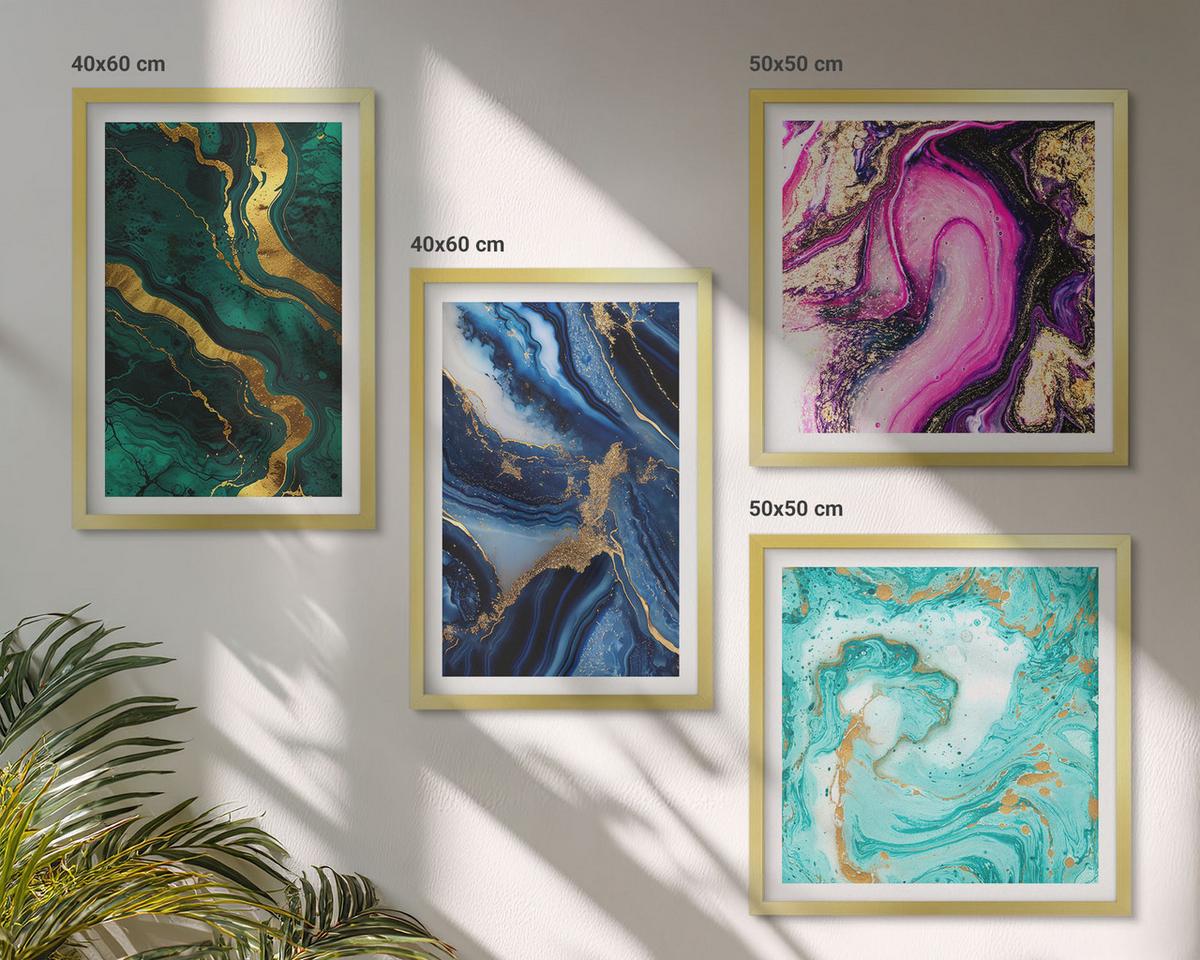 BILDER SET 4er Set - 50x50 cm & 40x60 cm Goldrahmen - Abstrakte Muster in Rosa, Grün und Blau - Goldfarben, Kunststoff (50/50cm) - TULUP