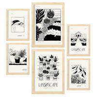 POSTER Set Mit 6 In Schwarzer Tinte Saftiger Garten Künstlerische Und Abstrakte Drucke Für Innenarchitektur A3 & A4 Rahmen Aus Hellem Holz - Beige, Papier (29/3cm) - Nacnic