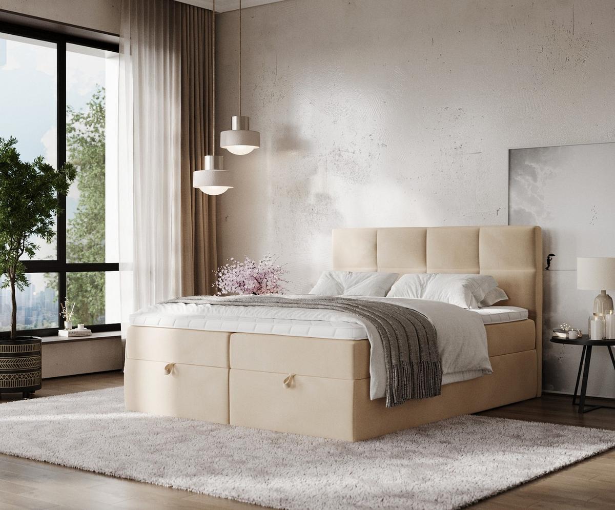 BOXBETT Velto 140/200 cm Beige im Kronos Stoff - Beige/Schwarz, Holz/Holzwerkstoff (140/200cm) - AltaBeds