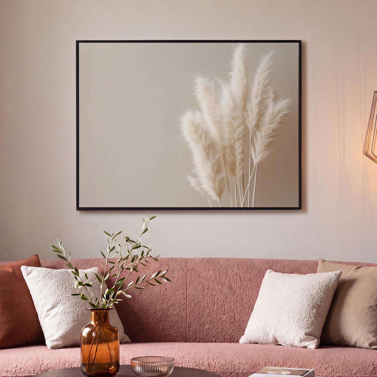 LEINWAND Bilder mit Rahmen - Pampasgras - Federn - Pastell - Weiß - 100x70 - Naturfarben, Textil (100/70cm) - MuchoWow
