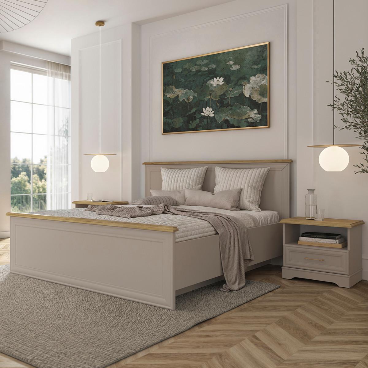 BOXBETT 160/200 Perle Kaschmir und Eichenholz-Optik - Beige, Holzwerkstoff (160/200cm) - Petits-meubles