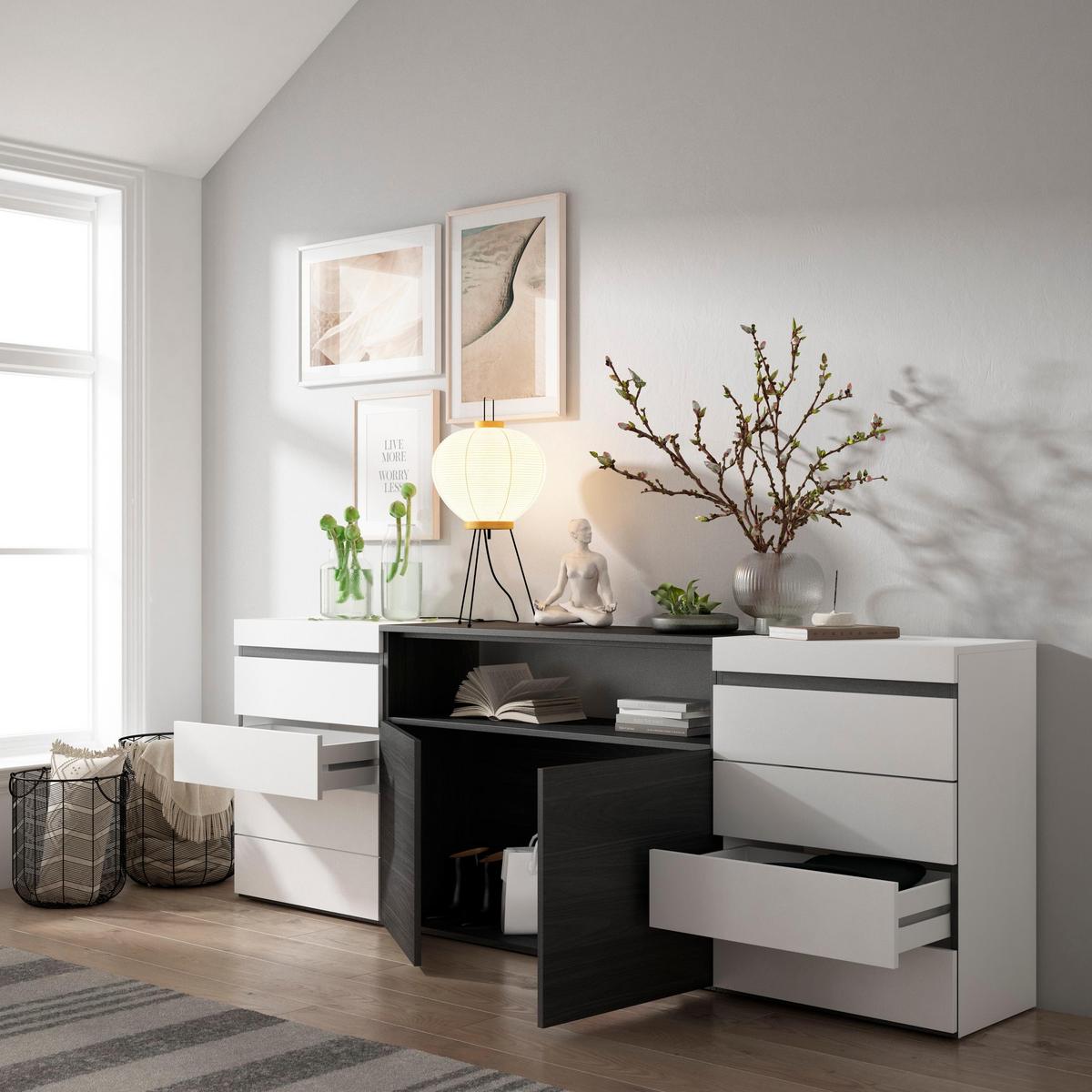 KOMMODE mit Schubladen, SIDEBOARD Schrank, weiß und schwarz, 214/35/75cm - Schwarz/Weiß, Holzwerkstoff (214/75/35cm) - Skraut Home