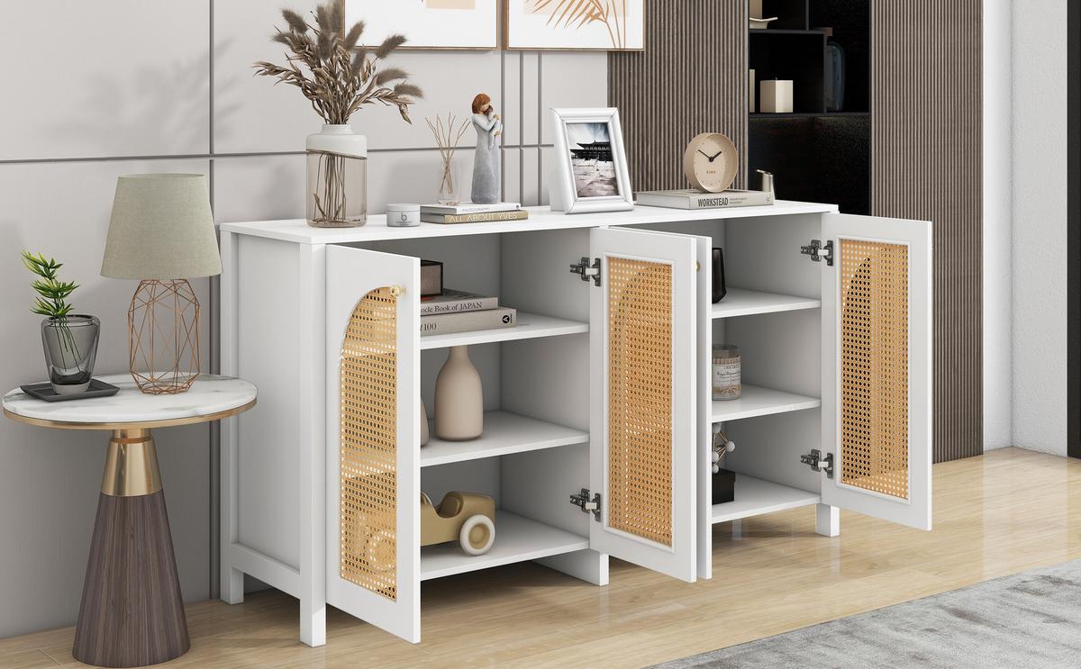 SIDEBOARD mit Kunst-Rattan-Türen Verstellbaren Regalen - Weiß, Holzwerkstoff (145/40/80cm) - Urban Meuble