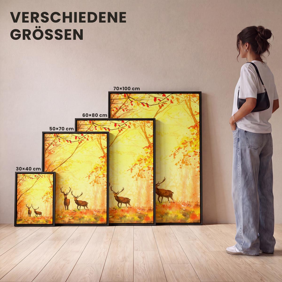 LEINWAND Bilder mit Rahmen - Natur - Ölfarbe - Hirsche - Tiere - Herbst - Orange - 50x70 - Orange, Textil (50/70cm) - MuchoWow