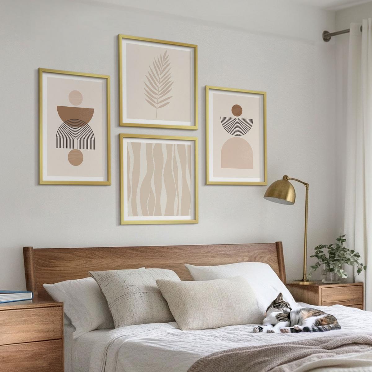 BILDER SET 4er Set - 50x50 cm & 40x60 cm Goldrahmen - Abstrakte Formen braun beige - Goldfarben, Kunststoff (50/50cm) - TULUP