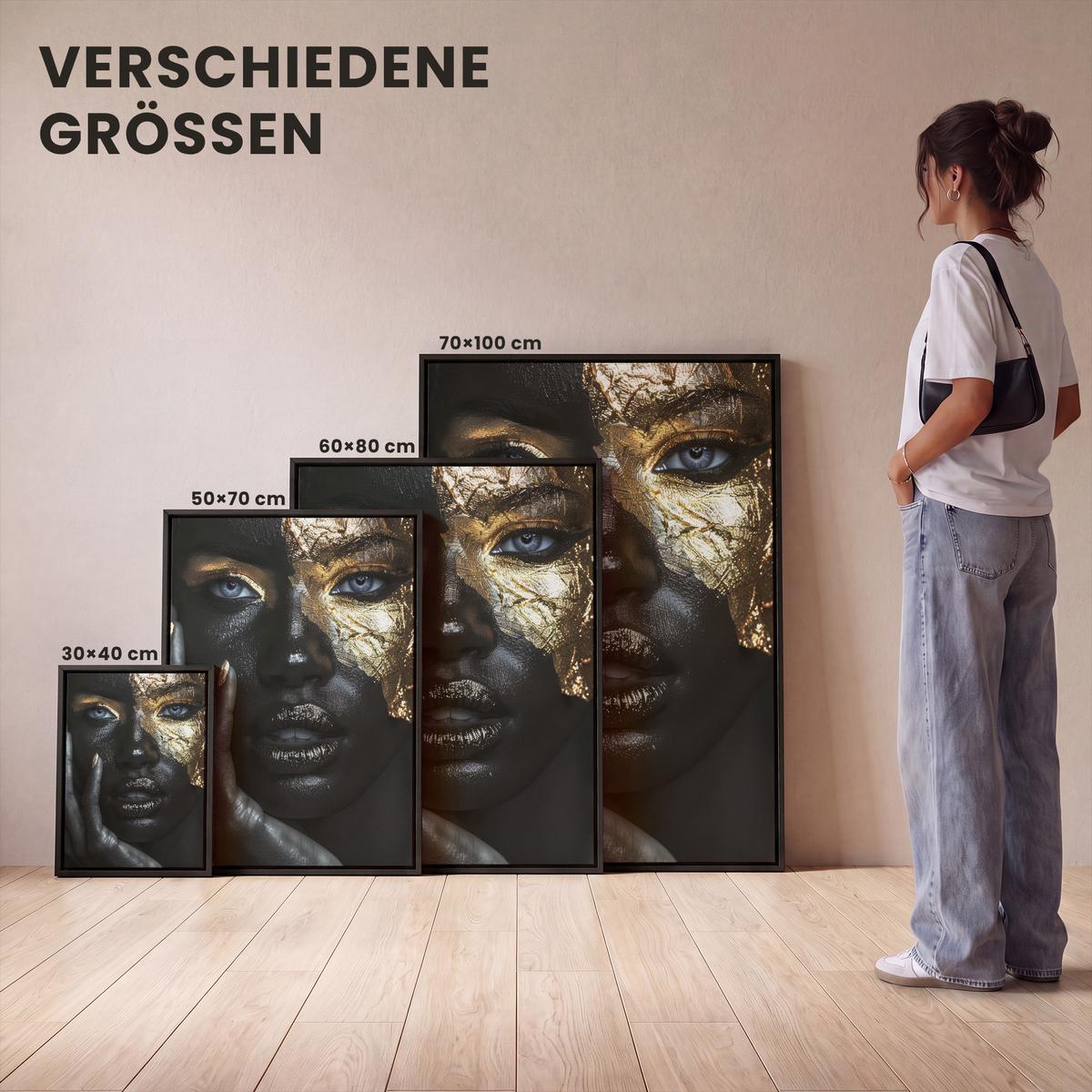 LEINWAND Bilder mit Rahmen - Frau - Gold - Porträt - Schwarz-Weiß - Luxus - 30x40 - Hellblau, Textil (30/40cm) - MuchoWow