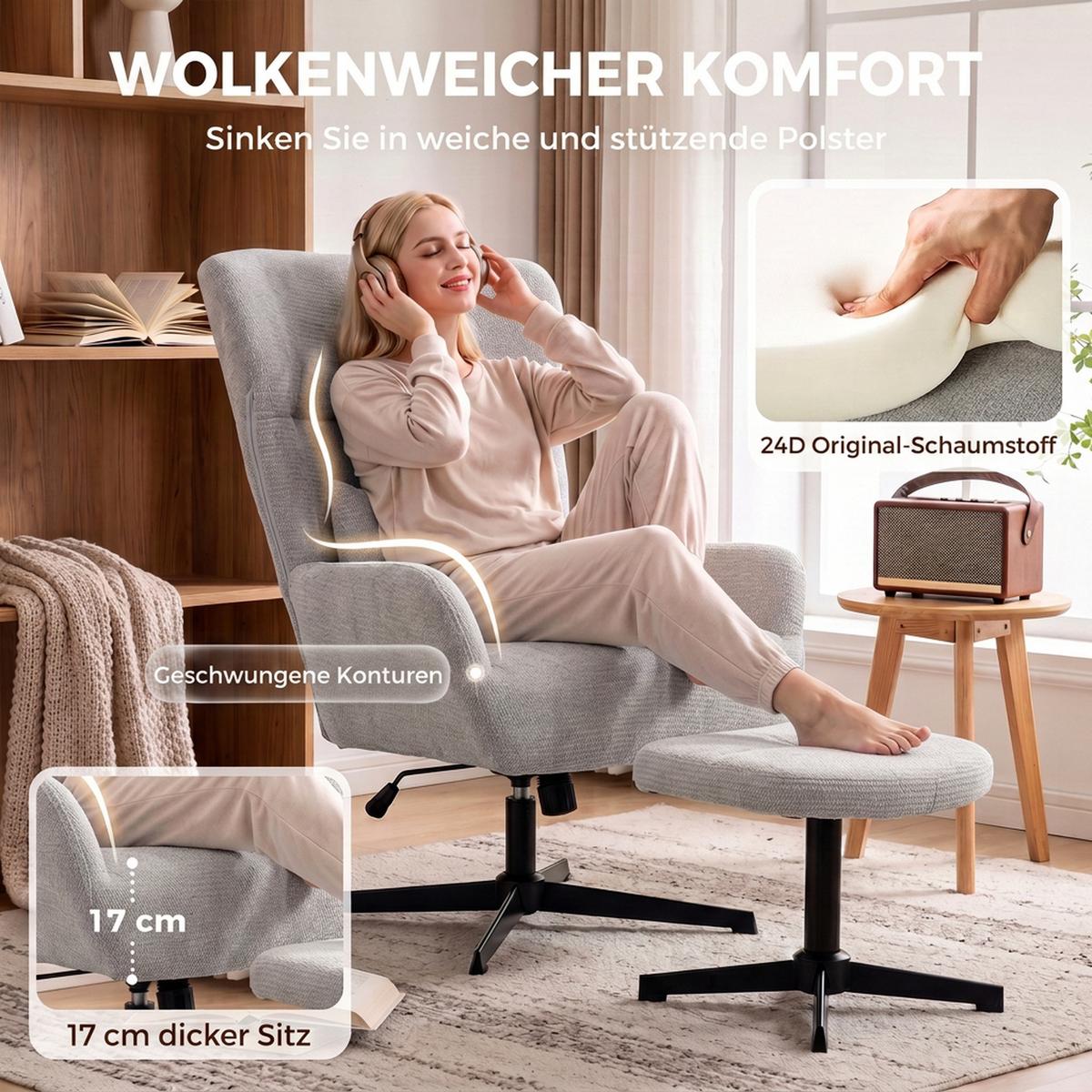 RELAXSESSEL-MIT-HOCKER 2er Set Polyester Grau - Schwarz/Grau, Textil/Metall (88/104/71cm) - HOMCOM