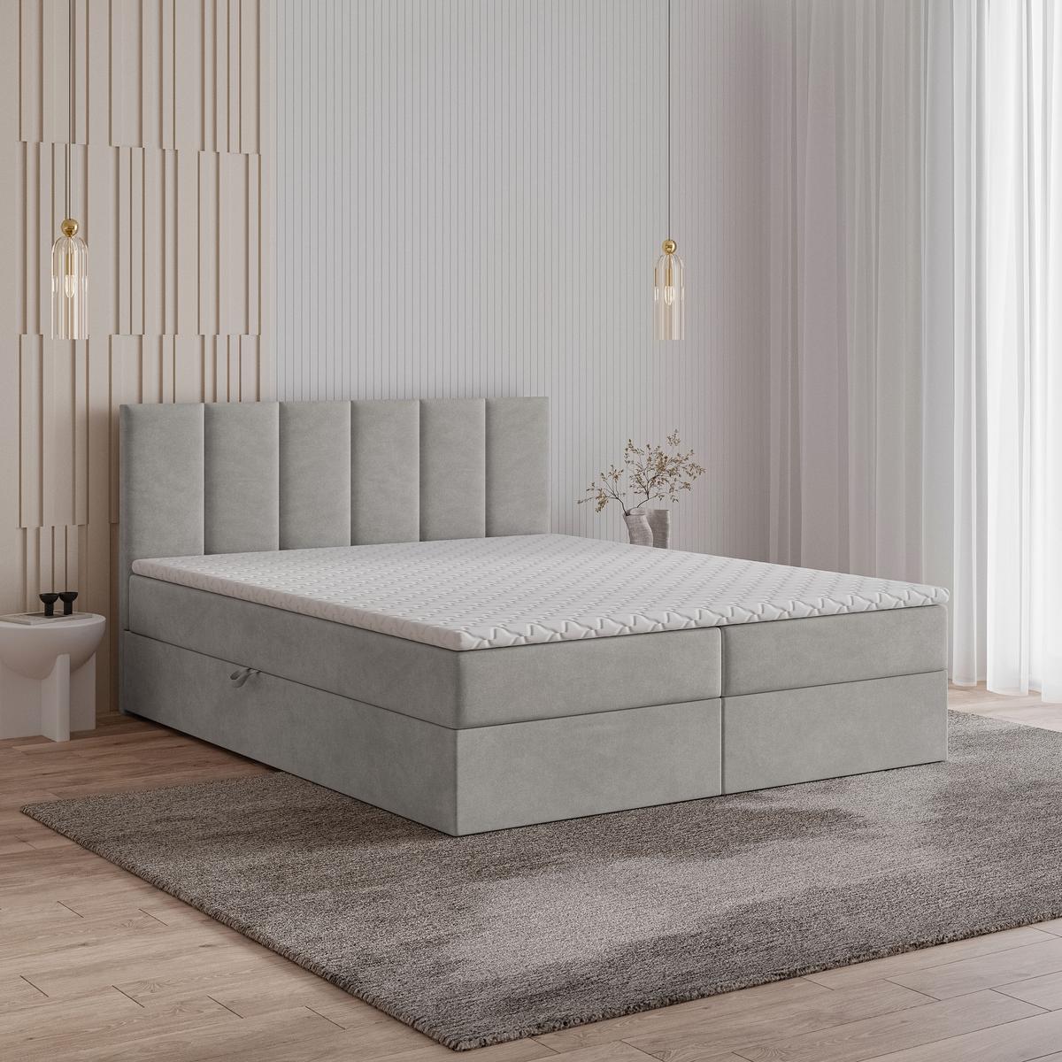 BOXBETT MERIL 200x200 cm mit Matratze und Topper, H2+H3 - Grau - Grau, Holz (200/200cm) - MASSENO