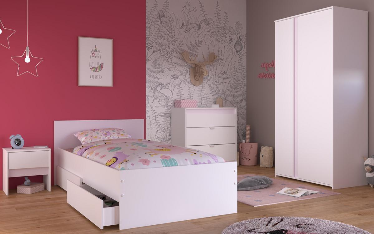 KINDERZIMMER Set 4-tlg. mit Kleiderschrank Kommode Nachttisch und Stauraumbett 90x200 - Weiß/Rosa, Holzwerkstoff/Kunststoff (100/182/203cm) - Parisot Meuble