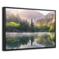 LEINWAND Bilder mit Rahmen - Natur - Bäume - Berge - See - Wasser - 60x40 - Hellgrün, Textil (60/40cm) - MuchoWow