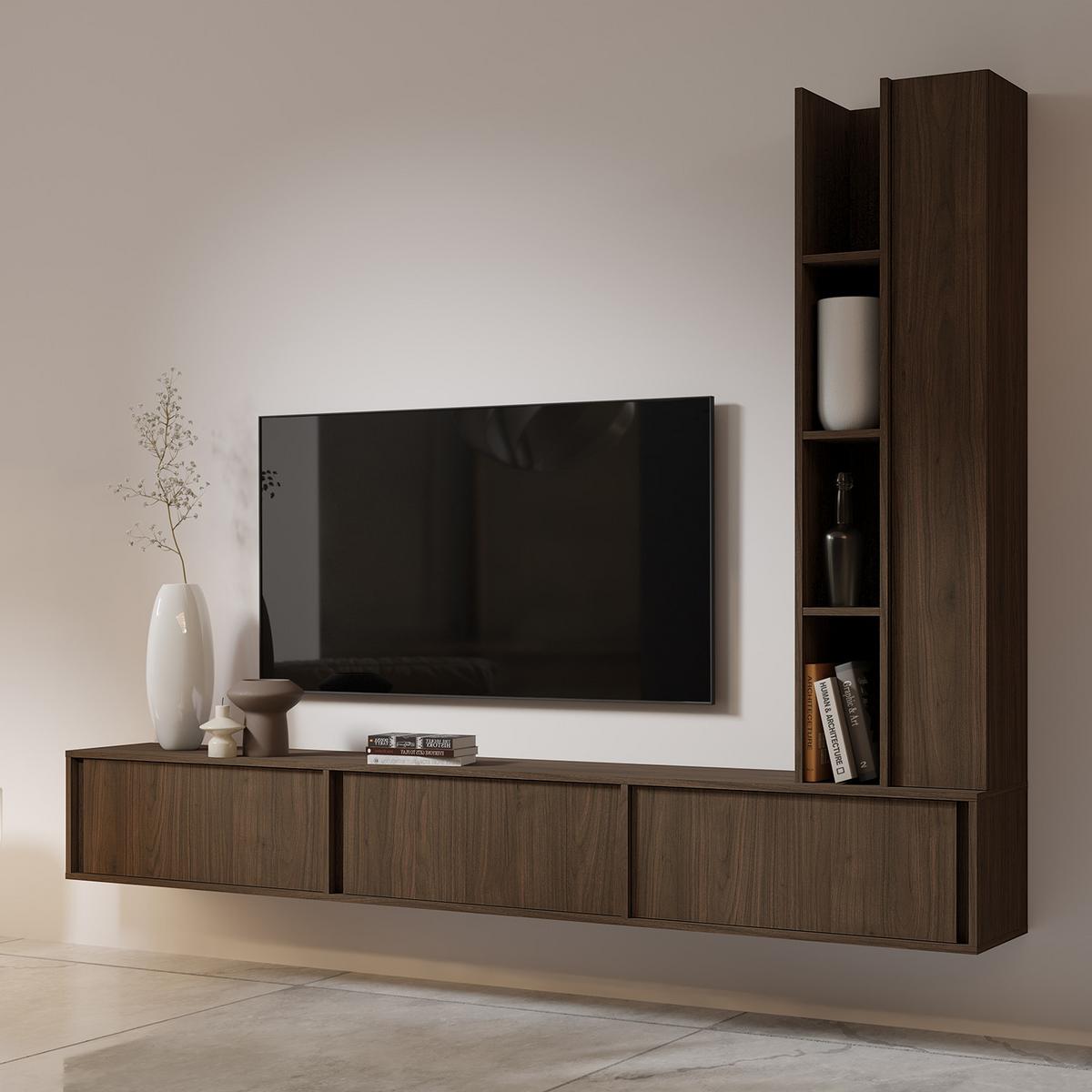 WOHNWAND Vero 2-teilig Wohnzimmer-Set mit TV-Lowboard und Hochschrank, Walnussfarben - Walnussfarben, Holzwerkstoff (230/185/35cm) - Beautysofa