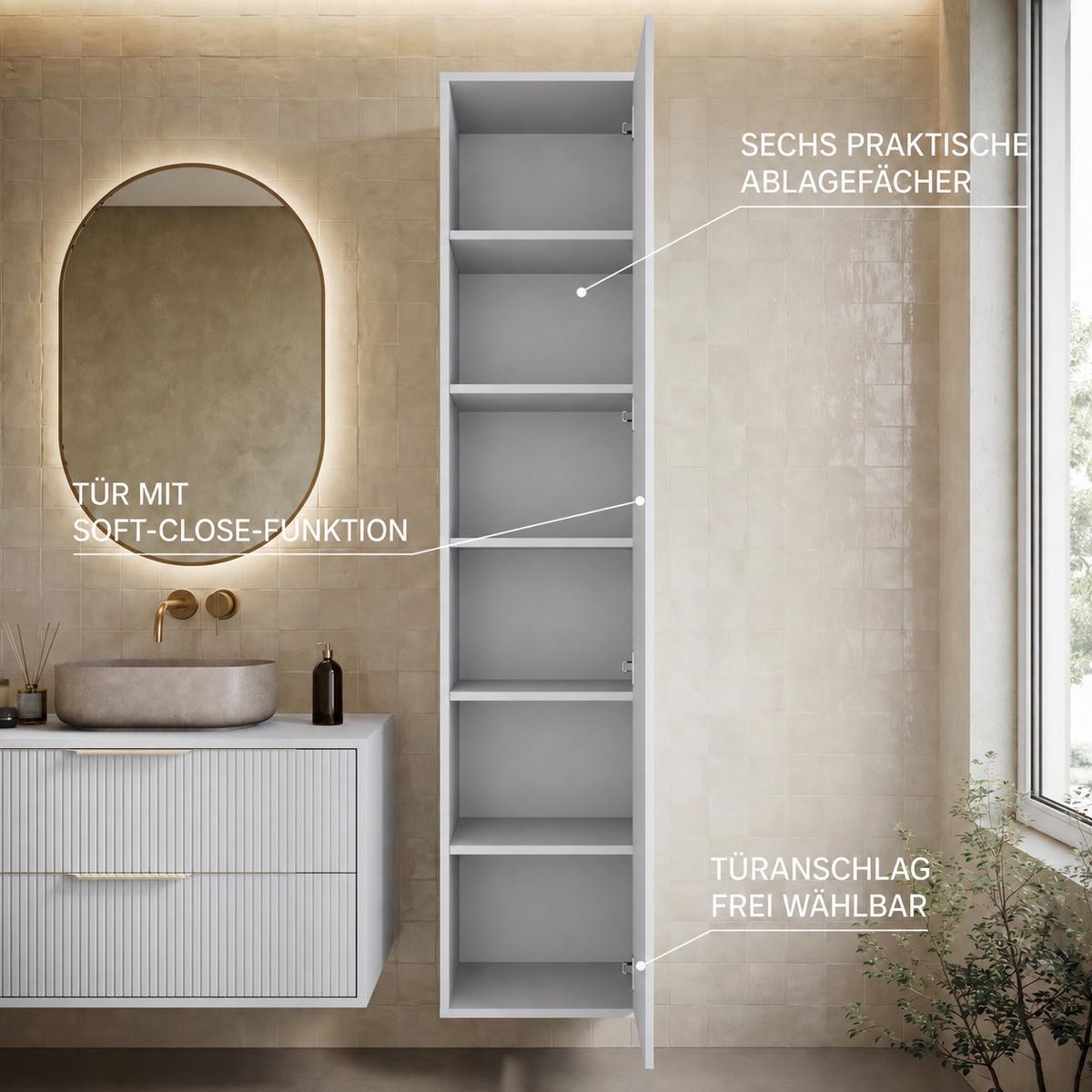 BADEZIMMERSCHRANK Rimini mit 1 Tür Weiß Matt - 38 x 33 x 170 cm - Weiß, Holz (33/170/38cm) - Badplaats