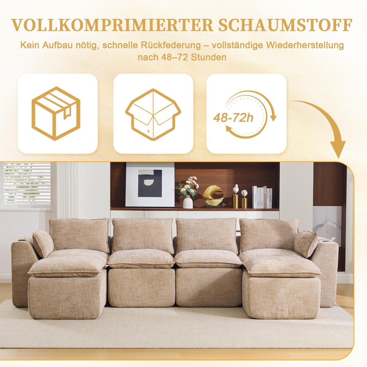 4-SITZER-SOFA aus chenille, modular mit 2 fußhockern und getränkehaltern - Sandfarben, Textil (322/75/161cm) - Urban Meuble