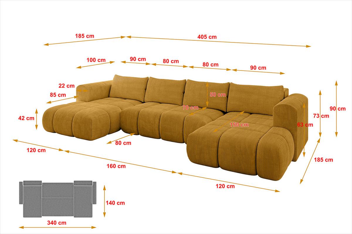 WOHNLANDSCHAFT CLOUD-U 405x185x90 Senfgelb Cord - Currygelb, Holzwerkstoff/Kunststoff (405/90/185cm) - ALTDECOR