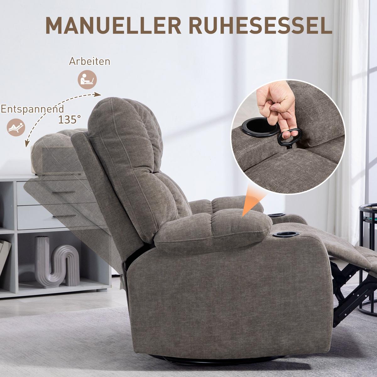 RELAXSESSEL Drehbar Fernsehsessel mit Liegefunktion, Schaukelfunktion Hellbraun - Hellbraun/Schwarz, Textil (96/108/88cm) - HOMCOM