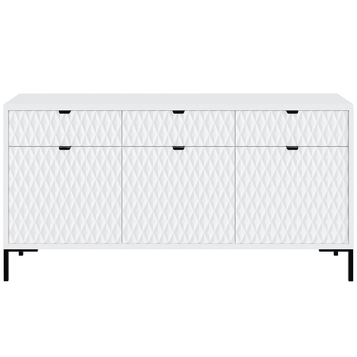 KOMMODE Montreal mit 3 Türen und 3 Schubladen, dekorative 3D-Fronten, 150 cm, Weiß - Schwarz/Weiß, Holzwerkstoff/Metall (150/85/40cm) - Beautysofa