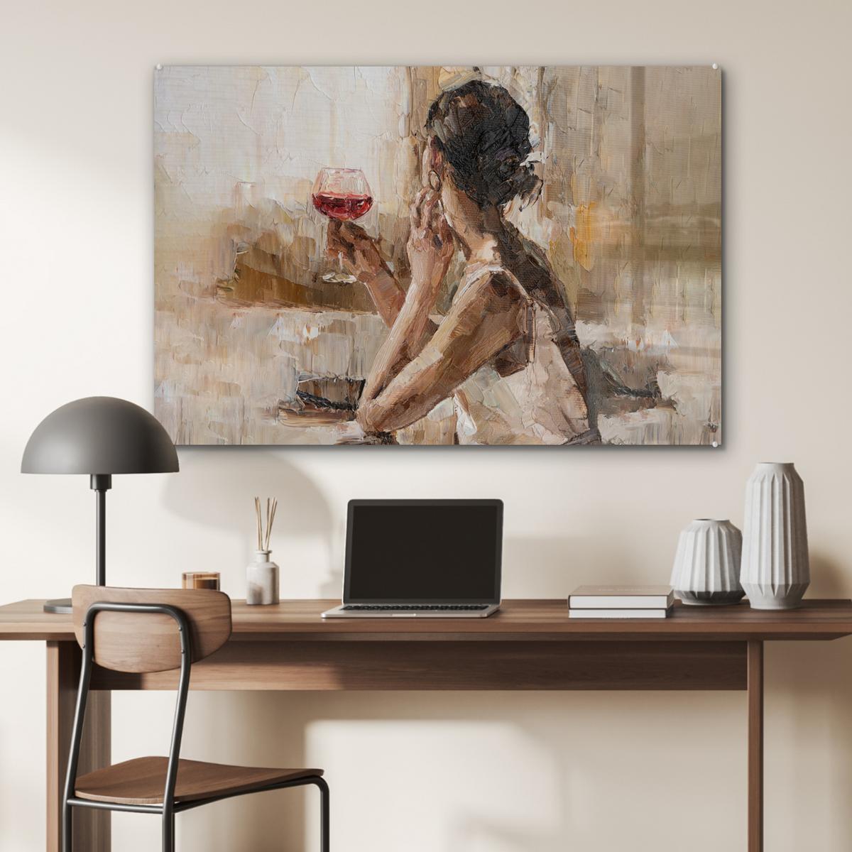 ACRYLGLASBILD Ölgemälde - Frau - Wein Wandbild Schlafzimmer 120x80 cm - Hellbraun, Glas (120/80cm) - MuchoWow