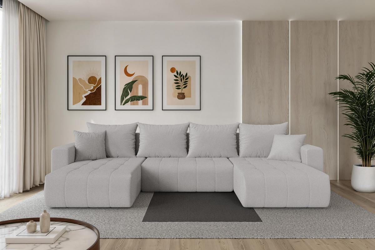 WOHNLANDSCHAFT mit Schlaffunktion und Bettkasten MILA-U 378x194x86 Hellgrau Bouclé - Silberfarben/Hellgrau, Holzwerkstoff/Kunststoff (378/86/194cm) - ALTDECOR