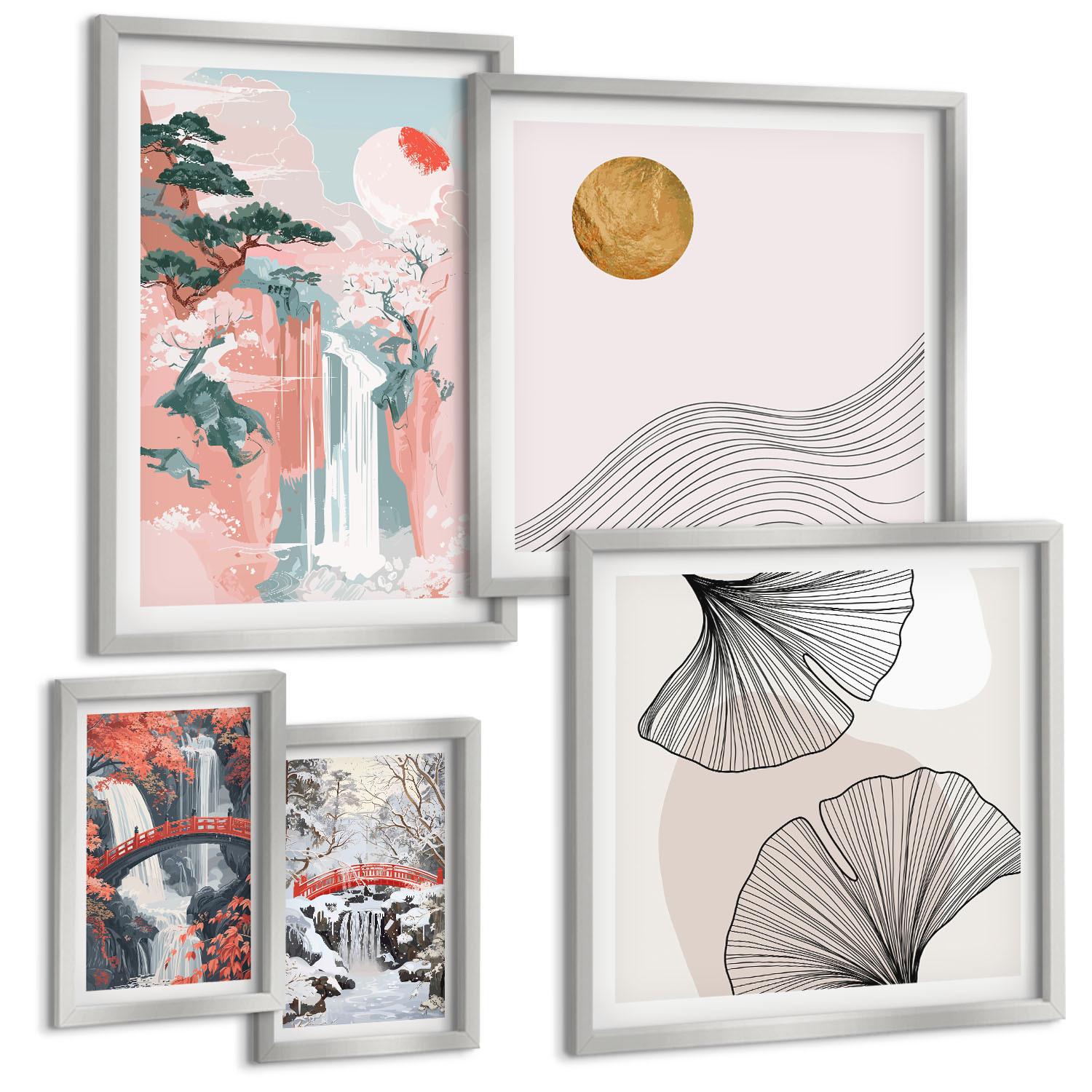 BILDER SET 5er Set - 50x50 cm & 20x30 cm & 40x60 cm Silberner Rahmen - Wasserfälle, Brücken, Bäume, Jahreszeiten - Silberfarben, Kunststoff (40/60cm) - TULUP