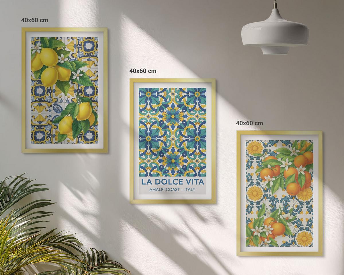 BILDER SET 3er Set - 40x60 cm Goldrahmen - Zitronen, Orangen, Blumen, Italien - Goldfarben, Kunststoff (40/60cm) - TULUP