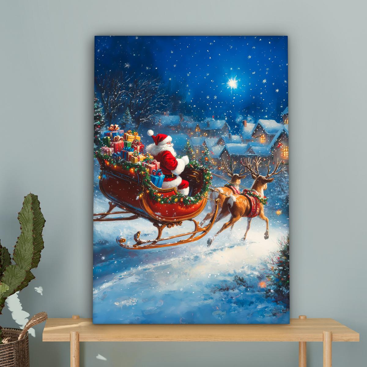 LEINWANDBILD Weihnachtsmann - Rentier - Weihnachten - Schnee Wanddeko 40x60 cm - Cognac, Textil (40/60cm) - MuchoWow