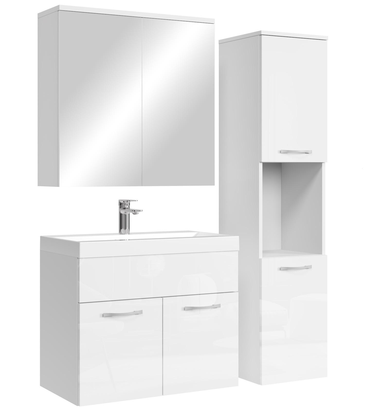 BADMÖBEL-SET Montreal 4 Teile Spiegelschrank Weiß Hochglanz - 60 x 35 x 51 cm - Weiß, Holz (60/51/35cm) - Badplaats