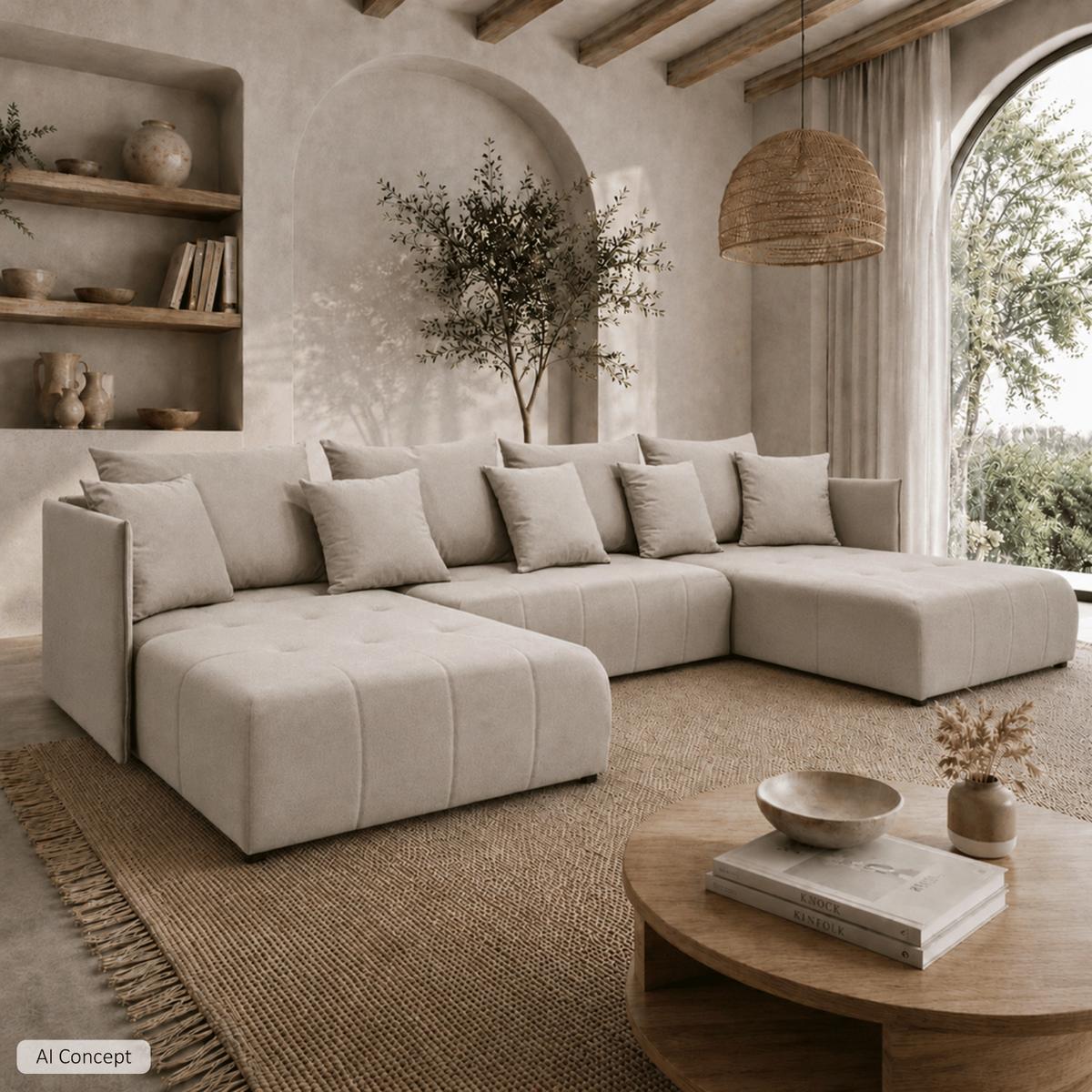 WOHNLANDSCHAFT APOLLO U mit Schlaffunktion und Bettzeugkasten - Beige, Textil (348/93/188cm) - Lookway
