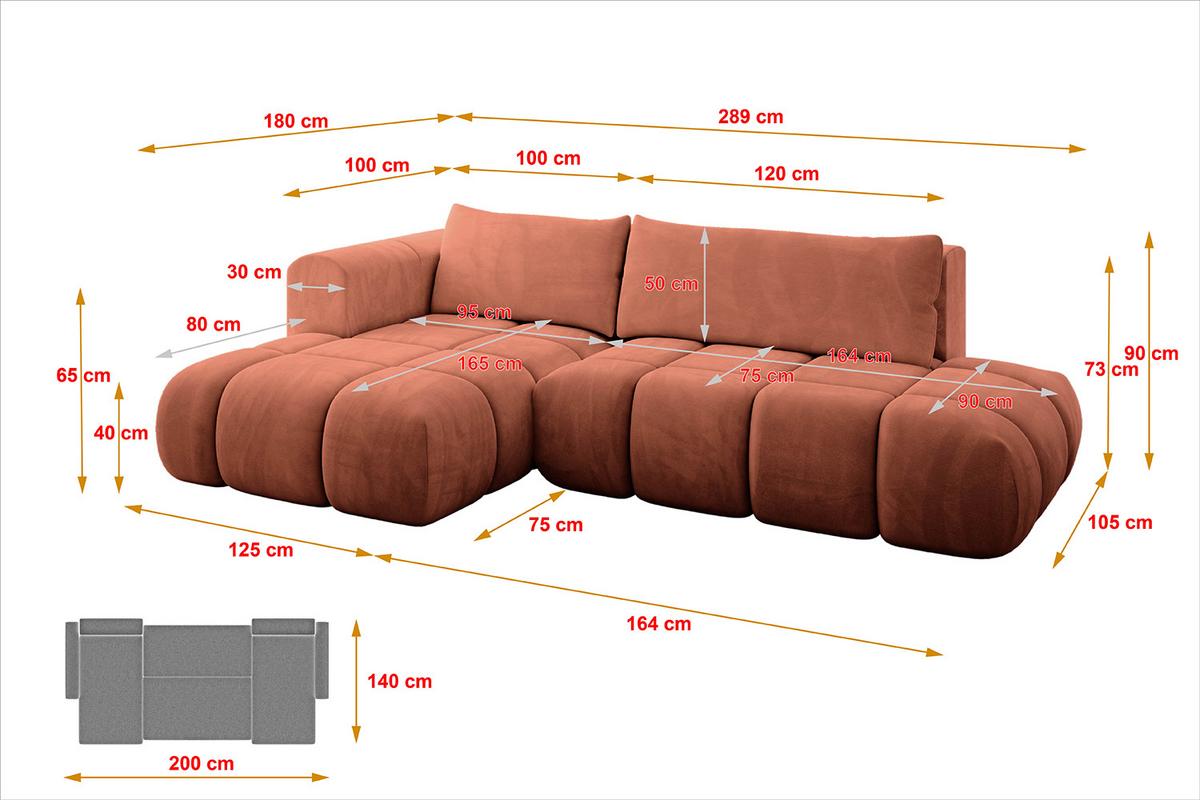 ECKSOFA Ottomane Links CLOUD-L 280x185x90 Apricot Velours - Koralle, Holzwerkstoff/Kunststoff (180/289cm) - ALTDECOR