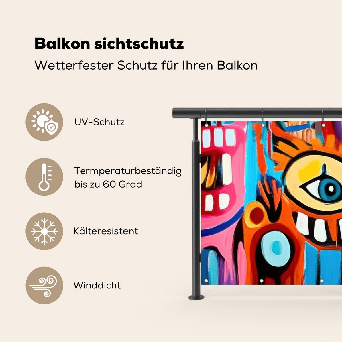 BALKON-SICHTSCHUTZ Abstrakt - Gesicht - Farbenfroh Balkon Deko 300x110 cm - Multicolor, Kunststoff (300/110cm) - MuchoWow