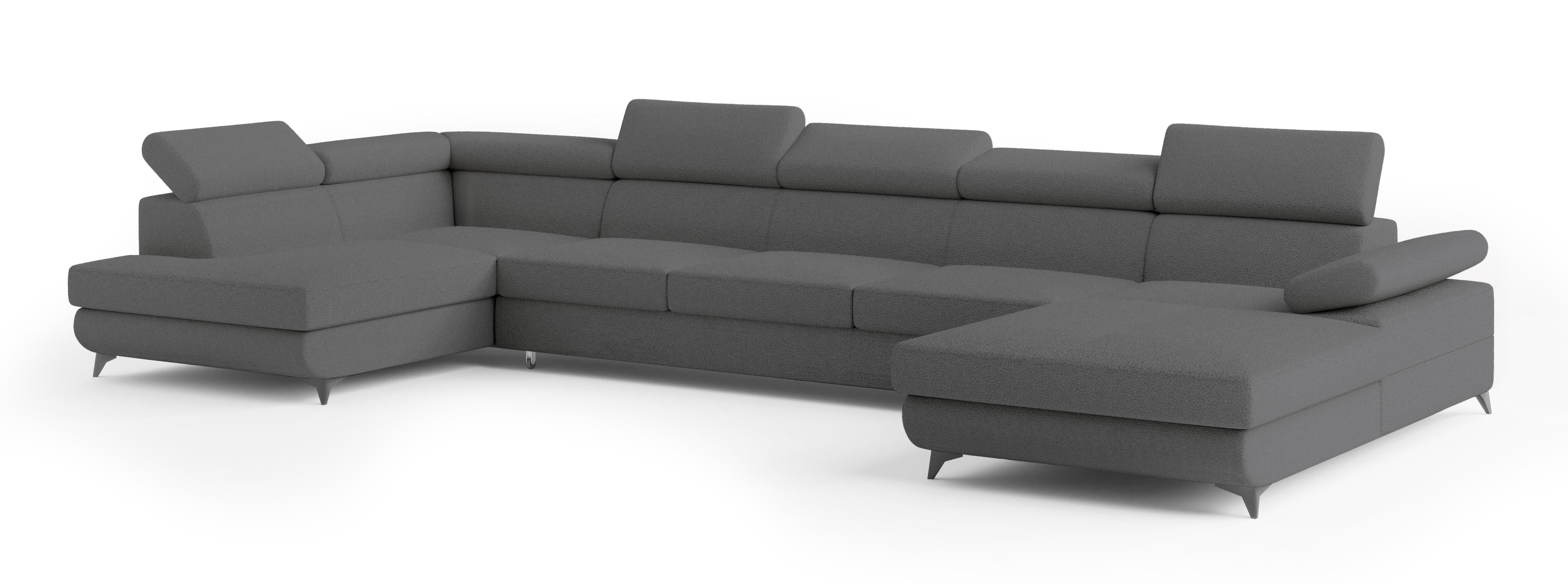 WOHNLANDSCHAFT MONTIVA Grau Boucle-Stoff mit Schlaffunktion - Grau, Holz (410/89/190cm) - MASSENO