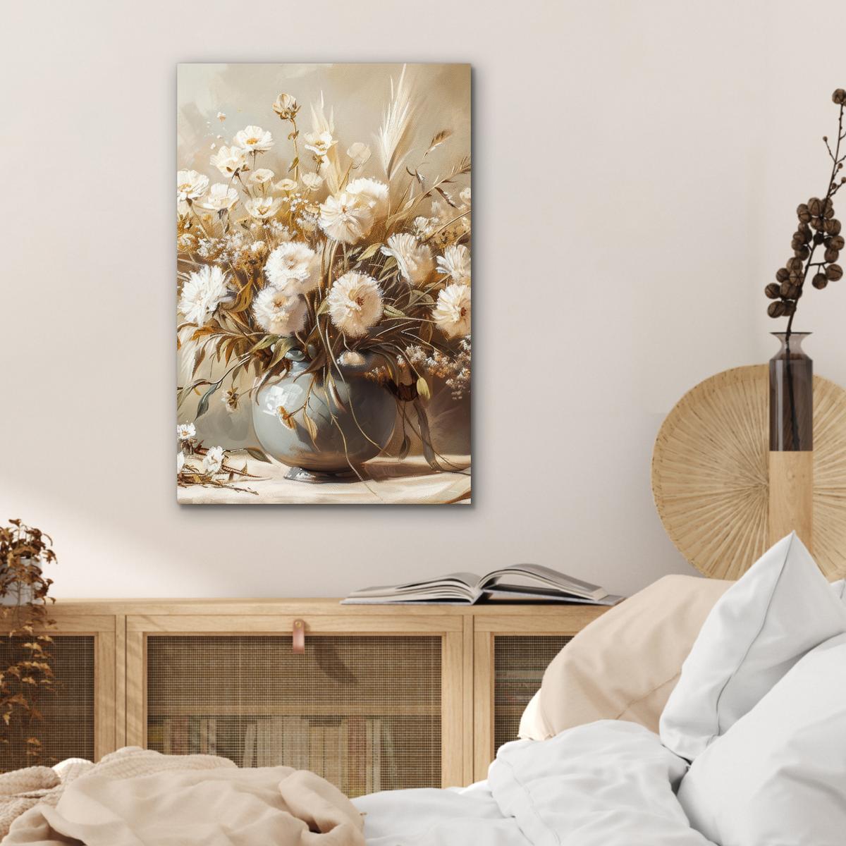 METALLBILD Blumen - Vase - Stilleben - Beige Deko Schlafzimmer 40x60 cm - Creme, Metall (40/60cm) - MuchoWow