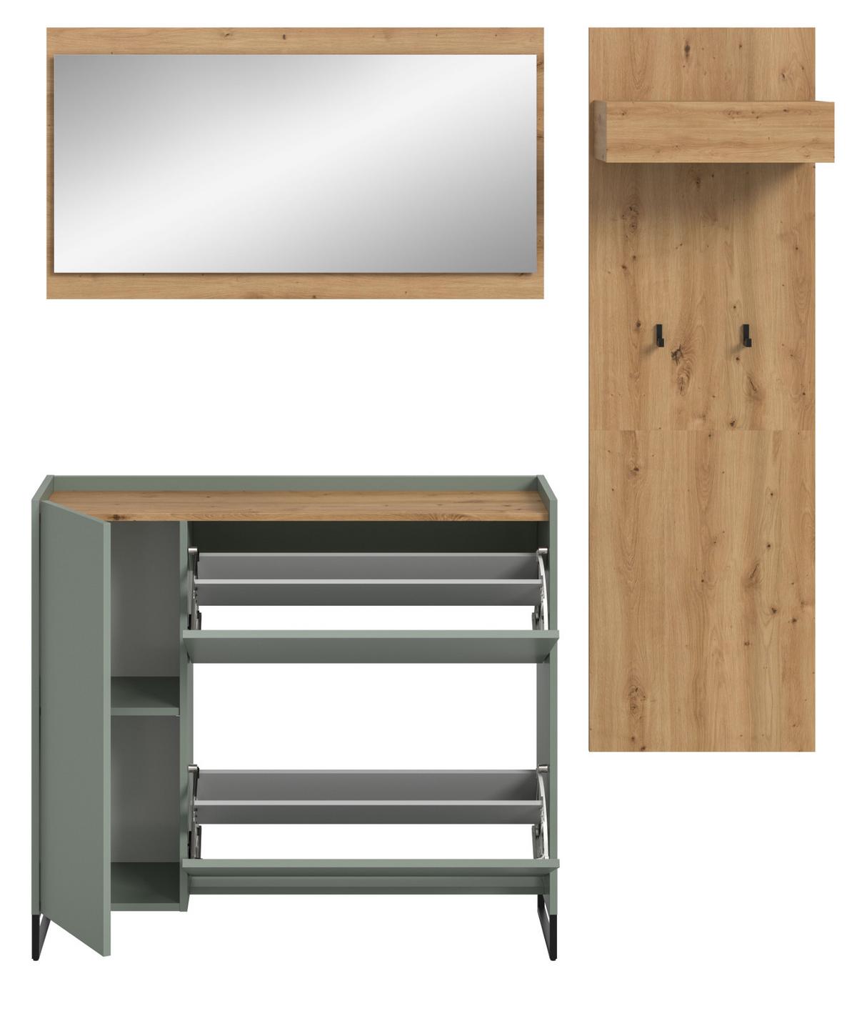GARDEROBEN-SET 3-teilig Salbei grün, Eiche Artisan 175 cm, Garderobenschränke mit Soft-Close - Salbeigrün/Schwarz, Glas/Holzwerkstoff (175/192/32cm) - Inn.Furn