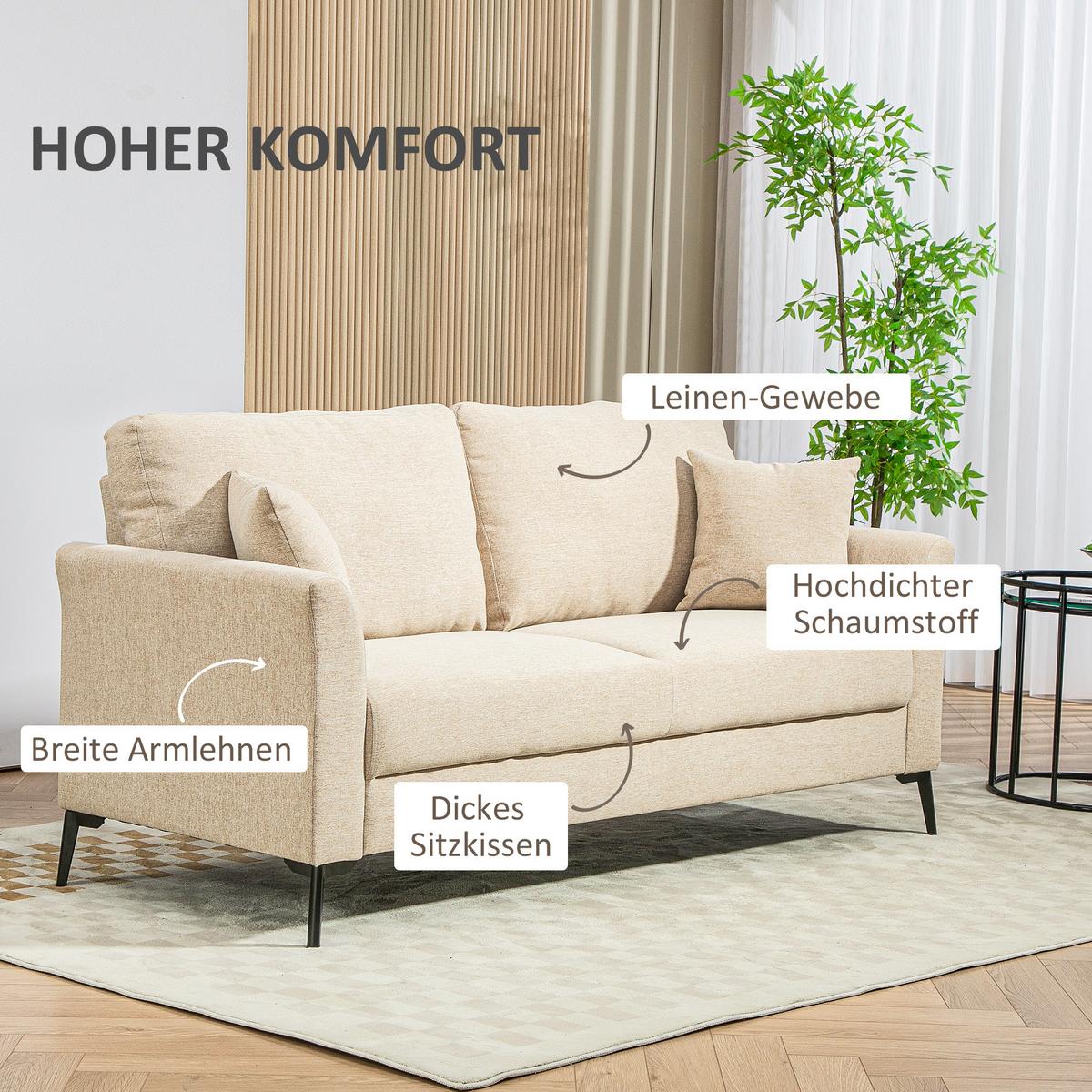 2-SITZER-SOFA, Couch mit Leinenoptik, Metallbeine, Polstersofa Doppelsofa - Beige/Schwarz, Textil/Metall (80/89/179cm) - HOMCOM