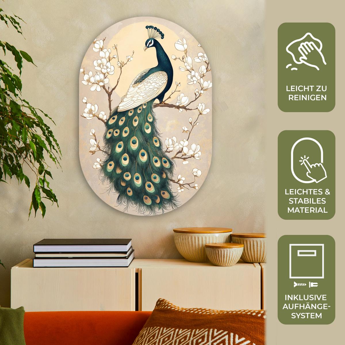 WANDBILD Pfau - Zweig - Blumen Wanddeko Schlafzimmer 60x90 cm - Champagner, Kunststoff (60/90cm) - MuchoWow