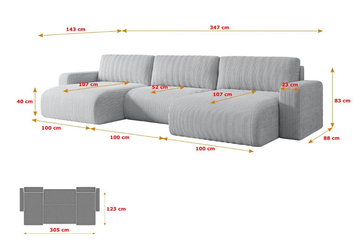WOHNLANDSCHAFT mit Schlaffunktion und Bettkasten KLEEA-U - 347x143x83 cm Grau Cord - Schwarz/Grau, Holzwerkstoff/Kunststoff (347/83/143cm) - ALTDECOR