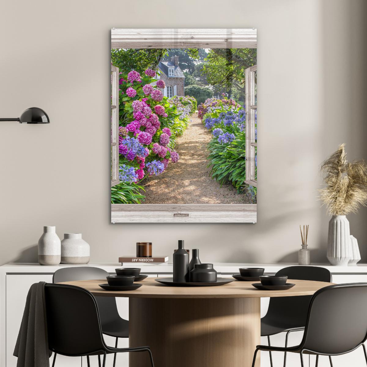 ACRYLGLASBILD Hortensie - Durchsichtig - Blumen - Sommer - Lila - Weg 60x80 cm - Lila, Glas (60/80cm) - MuchoWow