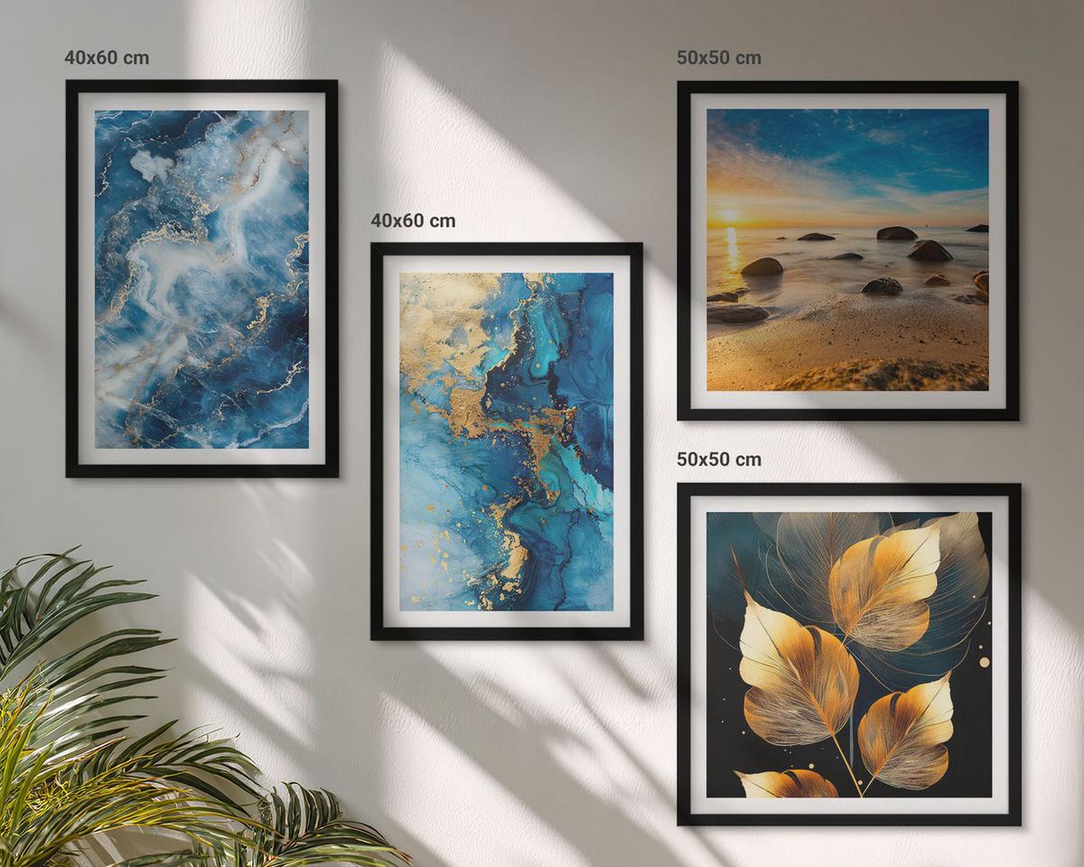 BILDER SET 4er Set - 50x50 cm & 40x60 cm Schwarzer Rahmen - Bilder mit blau-goldenen Mustern - Schwarz, Kunststoff (50/50cm) - TULUP