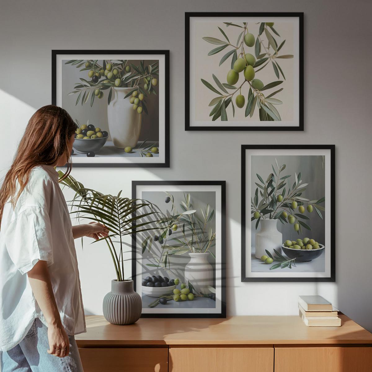 BILDER SET 4er Set - 50x50 cm & 40x60 cm Schwarzer Rahmen - Oliven in grauen Vasen - Schwarz, Kunststoff (50/50cm) - TULUP