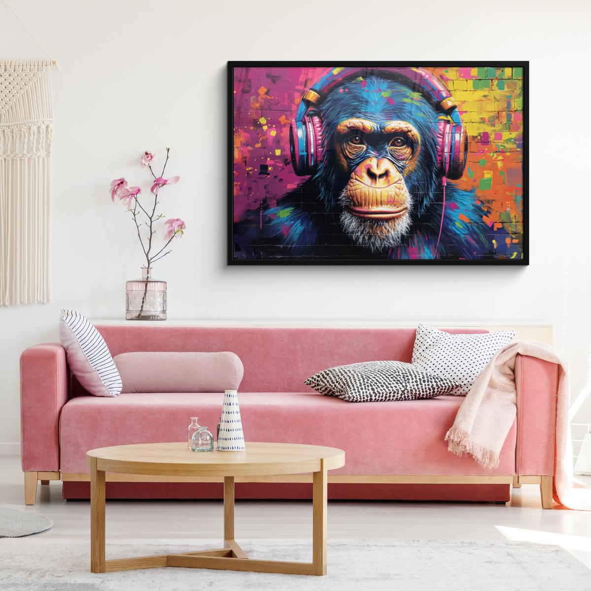 POSTER MIT RAHMENGERAHMTES BILD Graffiti - Schimpanse - Straßenkunst - Kopfhörer - Affe 120x80 cm - Blau, Papier (120/80cm) - MuchoWow
