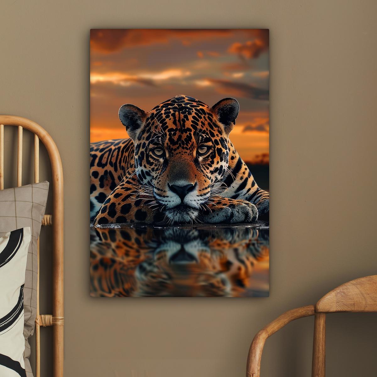 LEINWANDBILD Natur - Leopard - Tier - Sonnenuntergang - Modern Wanddeko 40x60 cm - Orange, Textil (40/60cm) - MuchoWow